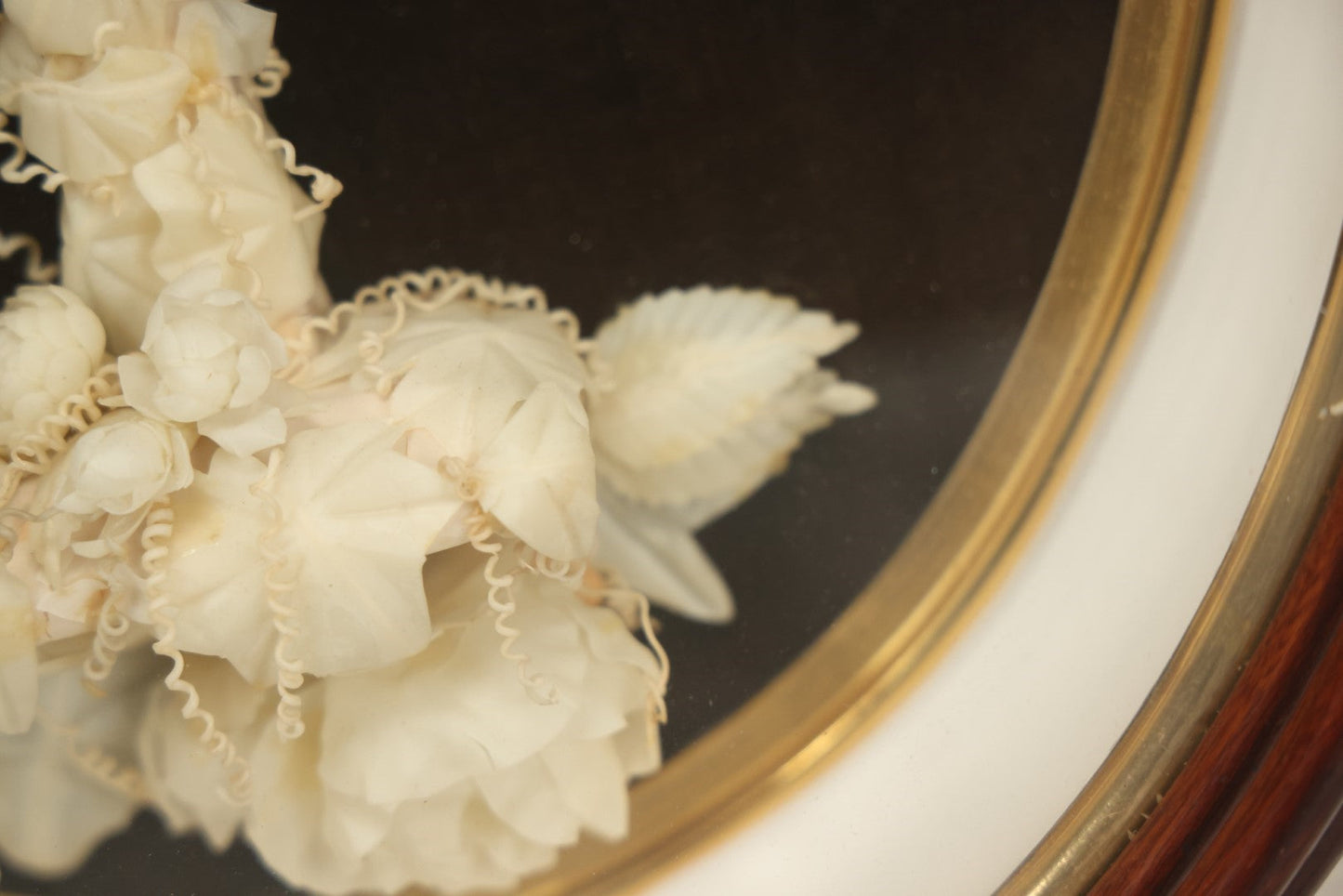 Lot 001 - Antique Victorian Memorial Mourning Cross Shadow Box With Delicate White Wax Flowers And Details, "Our Father Who Art In Heaven", 15-1/2" x 17-3/8"