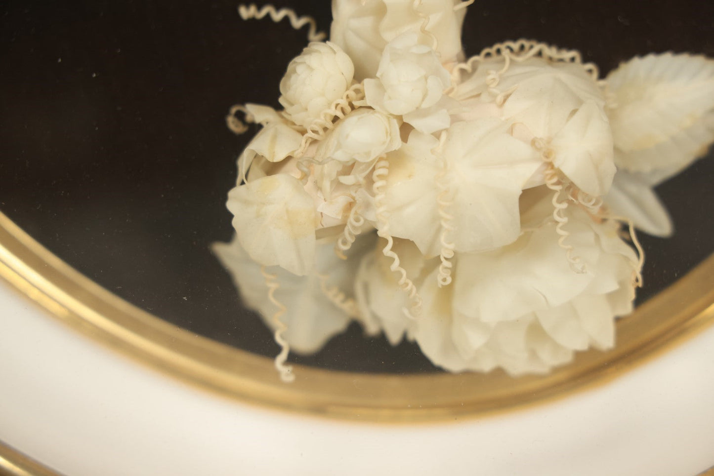 Lot 001 - Antique Victorian Memorial Mourning Cross Shadow Box With Delicate White Wax Flowers And Details, "Our Father Who Art In Heaven", 15-1/2" x 17-3/8"