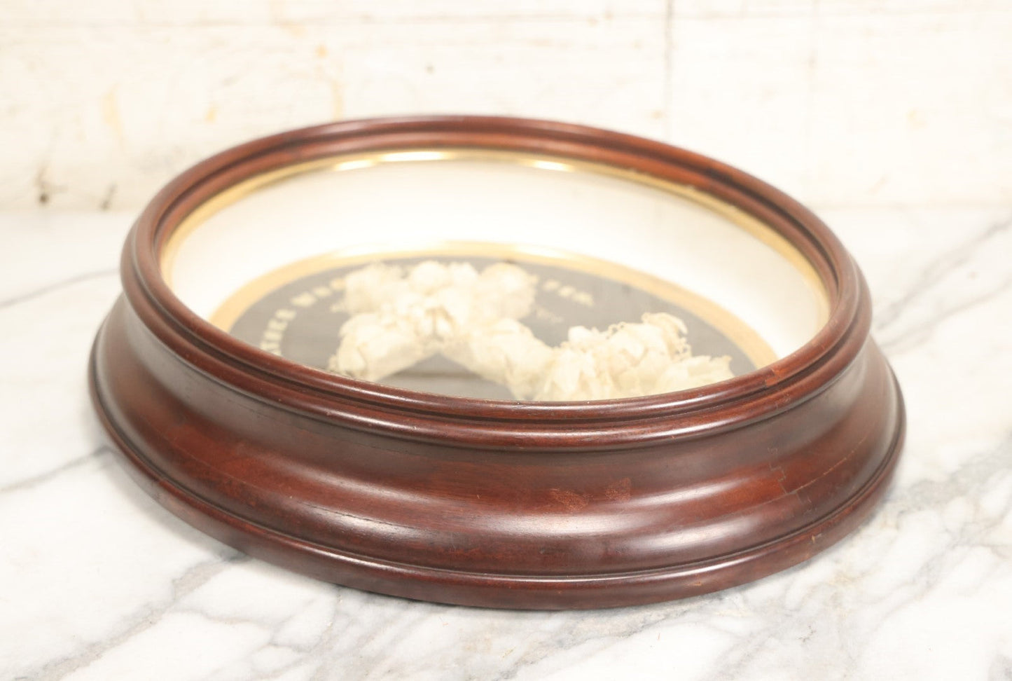 Lot 001 - Antique Victorian Memorial Mourning Cross Shadow Box With Delicate White Wax Flowers And Details, "Our Father Who Art In Heaven", 15-1/2" x 17-3/8"