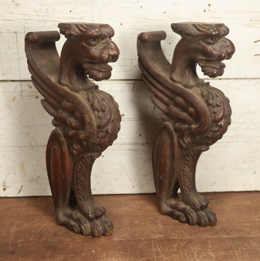 Lot 002 - Pair Of Antique Carved Wooden Griffin Furniture Salvage Fragments, 17-1/2" Tall 