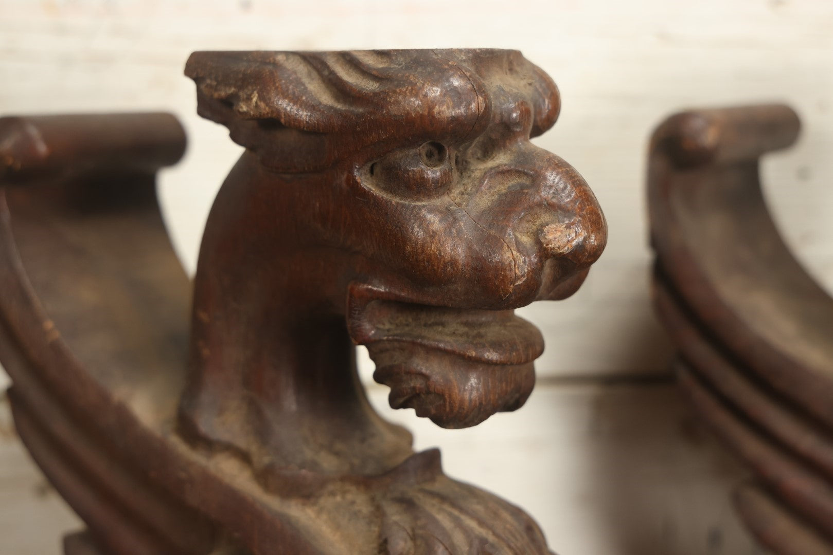 Lot 002 - Pair Of Antique Carved Wooden Griffin Furniture Salvage Fragments, 17-1/2" Tall 