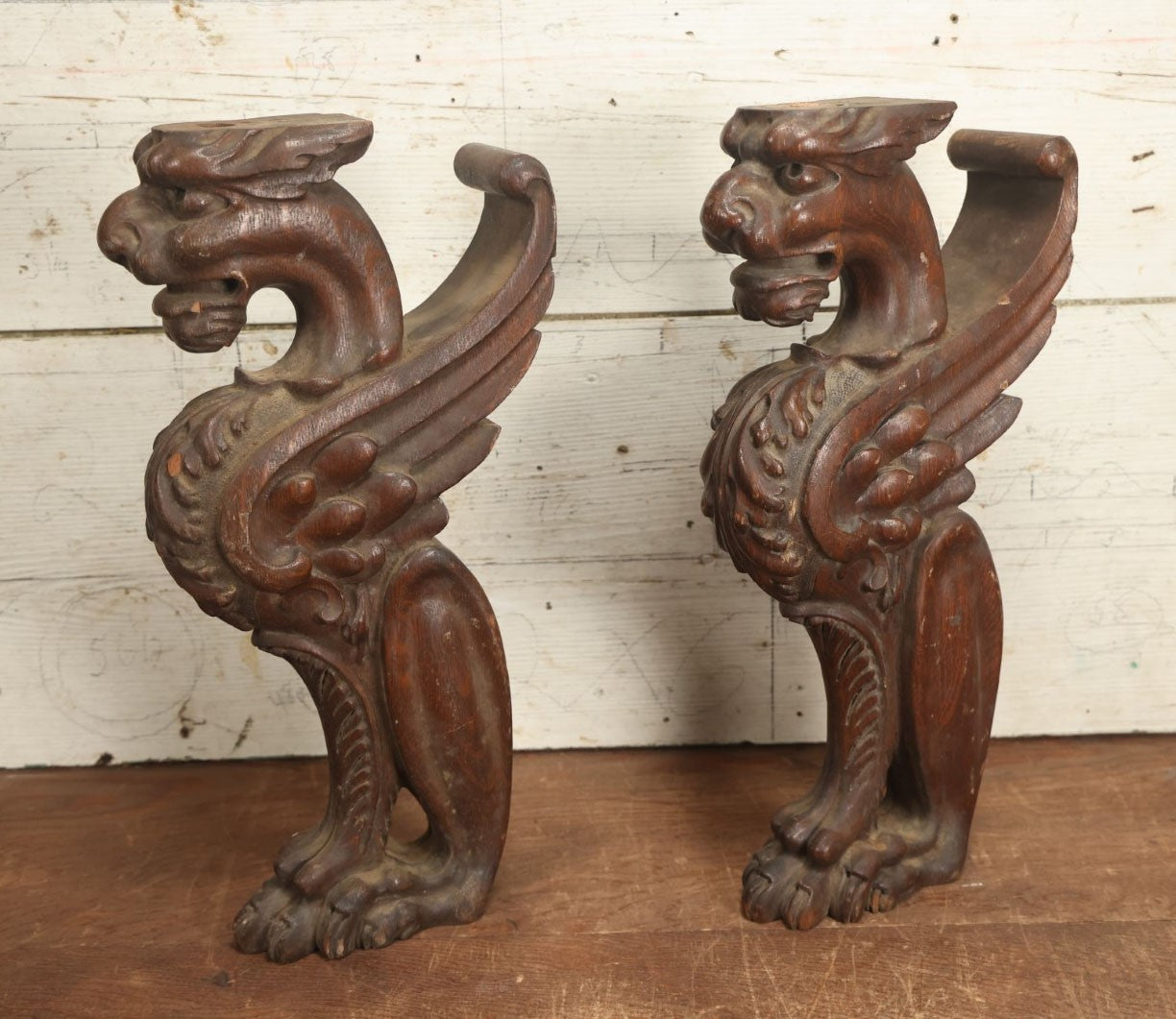 Lot 002 - Pair Of Antique Carved Wooden Griffin Furniture Salvage Fragments, 17-1/2" Tall 