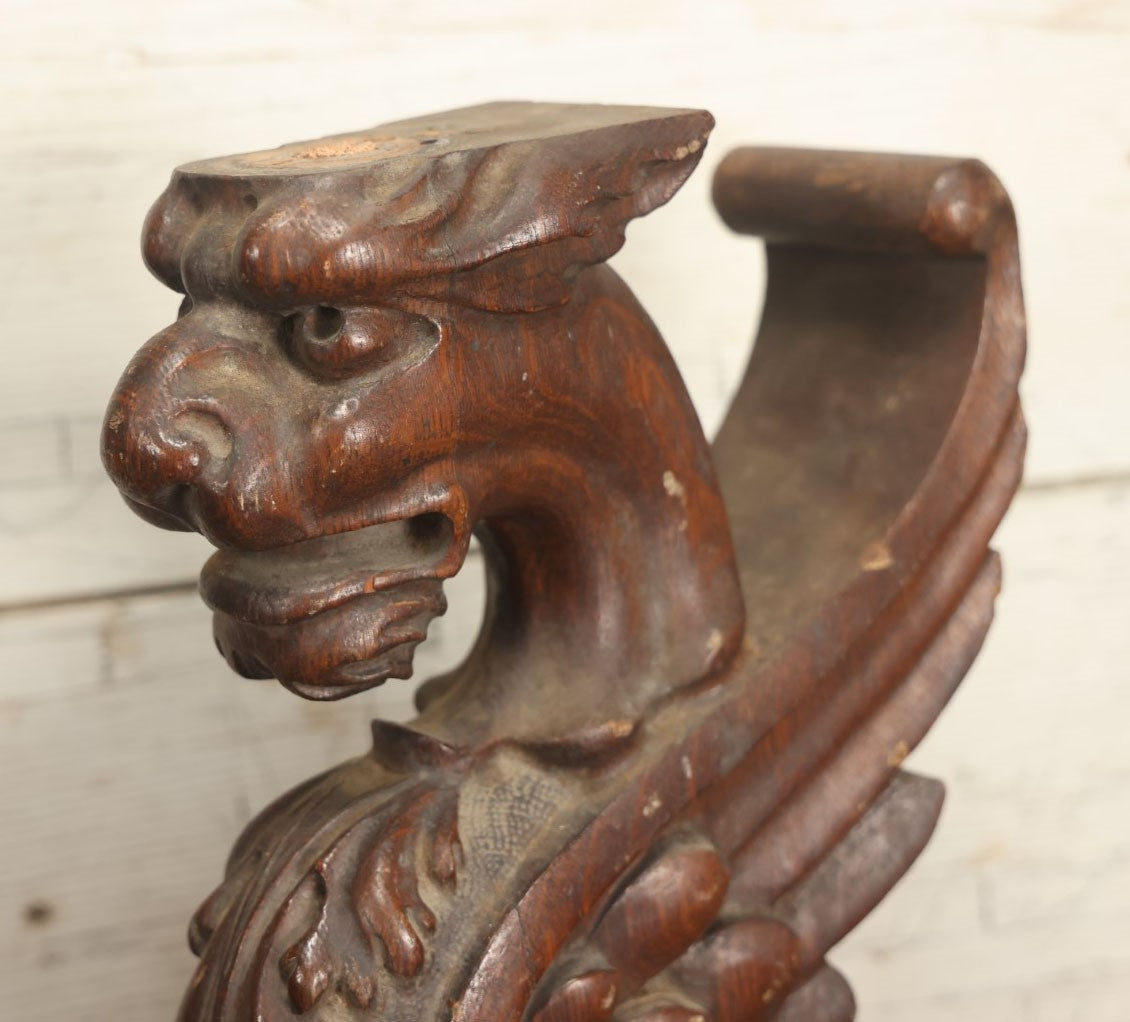 Lot 002 - Pair Of Antique Carved Wooden Griffin Furniture Salvage Fragments, 17-1/2" Tall 