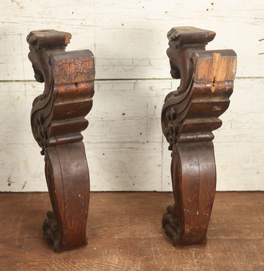 Lot 002 - Pair Of Antique Carved Wooden Griffin Furniture Salvage Fragments, 17-1/2" Tall 