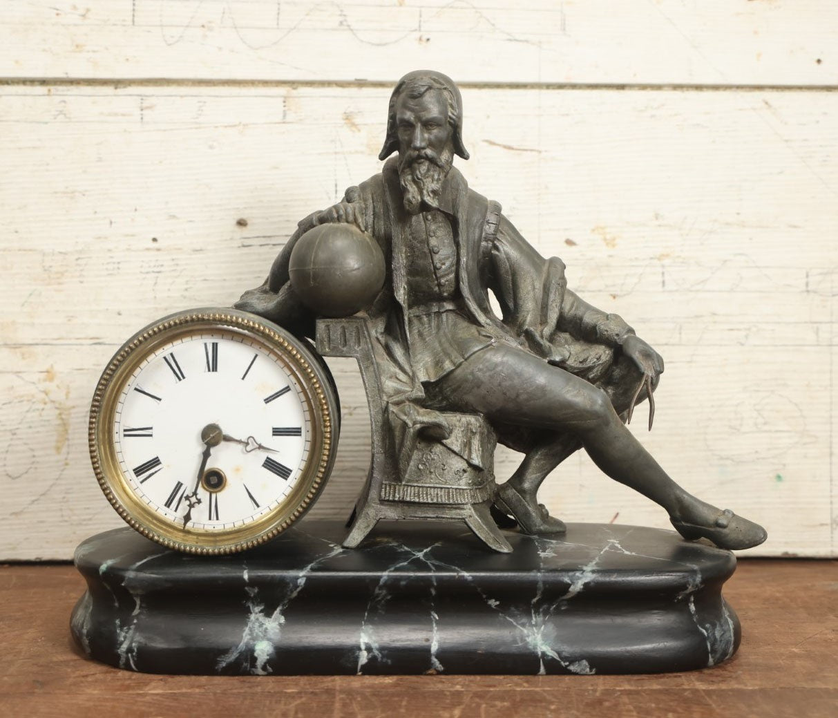 Lot 003 - Antique Figural Mantle Clock With Statue Of Gerardus Mercator, 16th Century Flemish Cartographer, Clock Untested, Faux Marble Wood Base