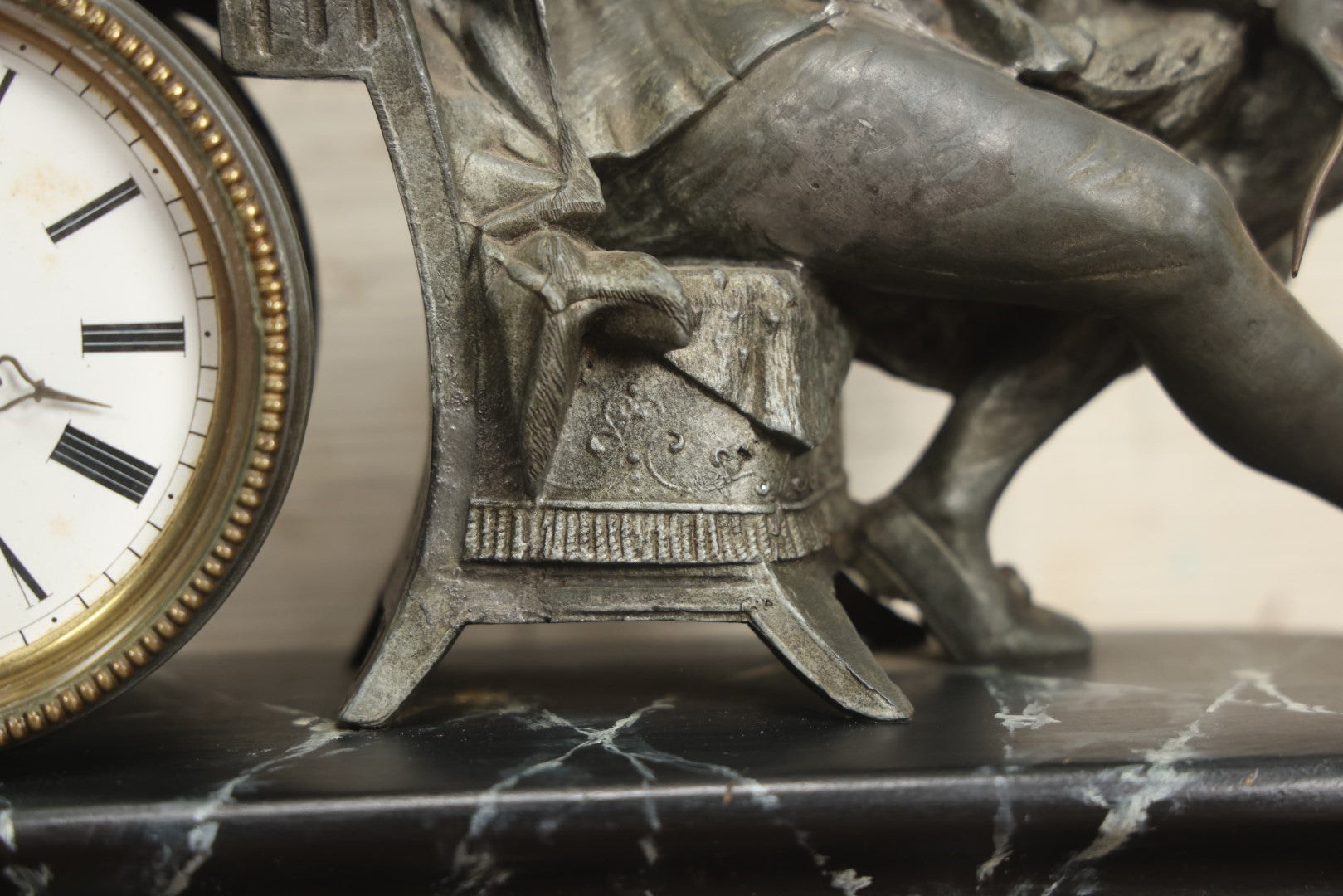 Lot 003 - Antique Figural Mantle Clock With Statue Of Gerardus Mercator, 16th Century Flemish Cartographer, Clock Untested, Faux Marble Wood Base