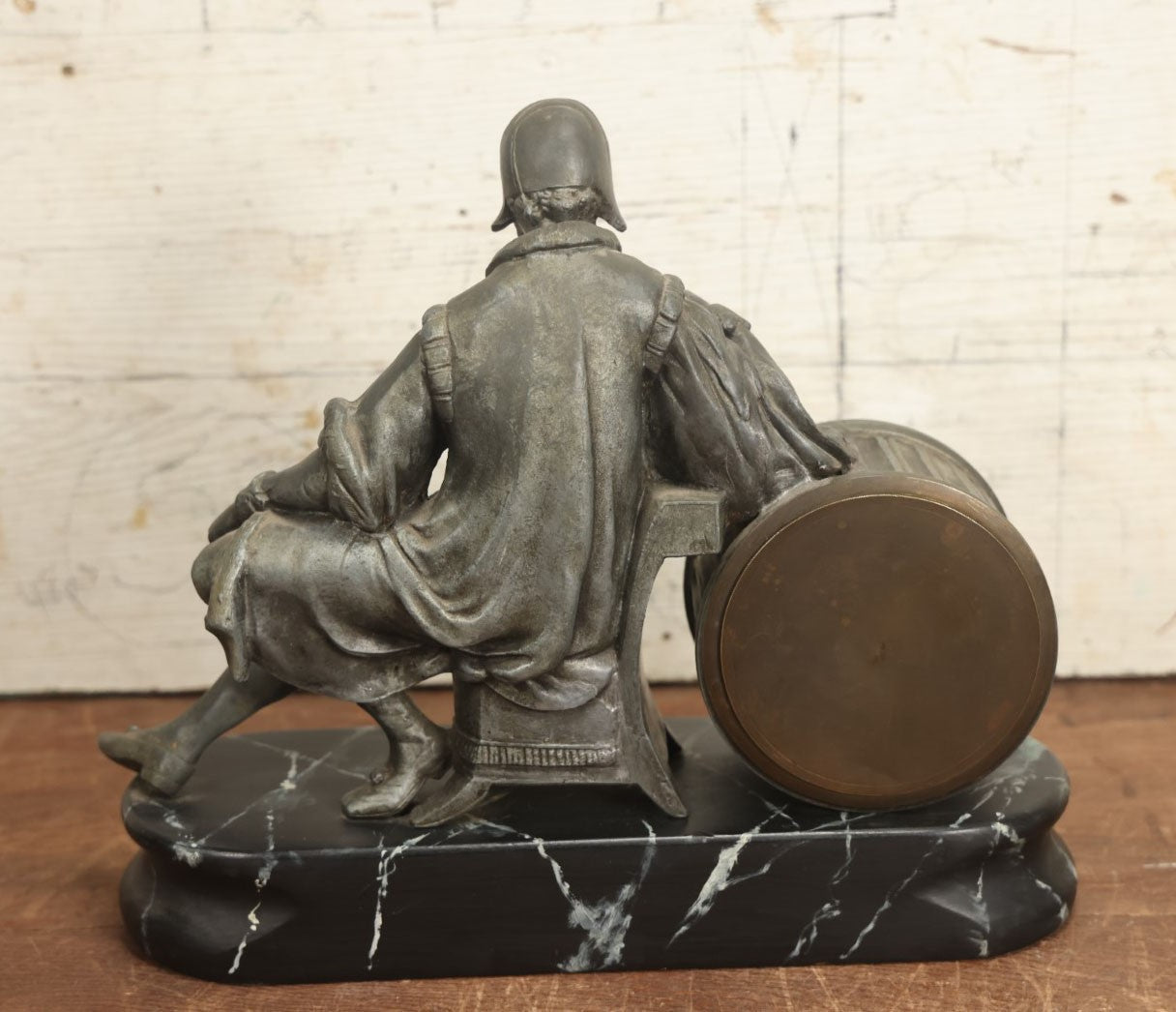 Lot 003 - Antique Figural Mantle Clock With Statue Of Gerardus Mercator, 16th Century Flemish Cartographer, Clock Untested, Faux Marble Wood Base