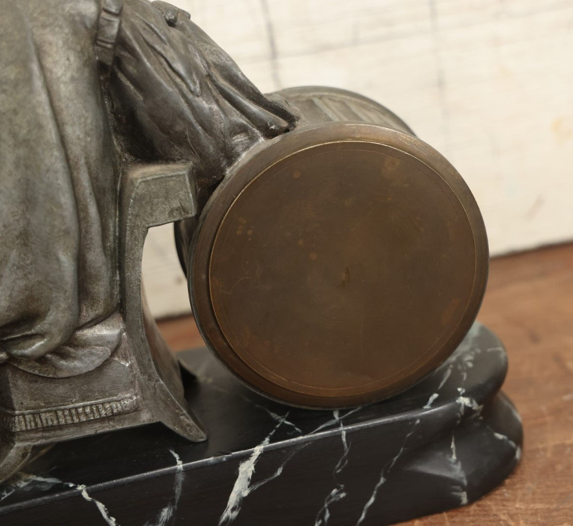 Lot 003 - Antique Figural Mantle Clock With Statue Of Gerardus Mercator, 16th Century Flemish Cartographer, Clock Untested, Faux Marble Wood Base