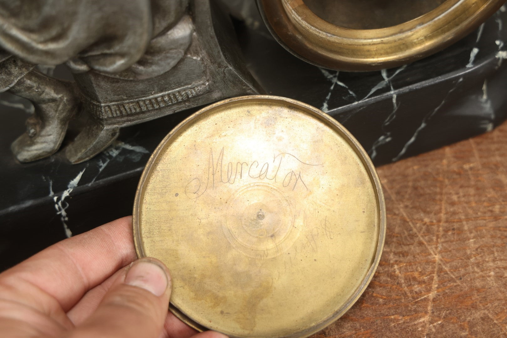 Lot 003 - Antique Figural Mantle Clock With Statue Of Gerardus Mercator, 16th Century Flemish Cartographer, Clock Untested, Faux Marble Wood Base