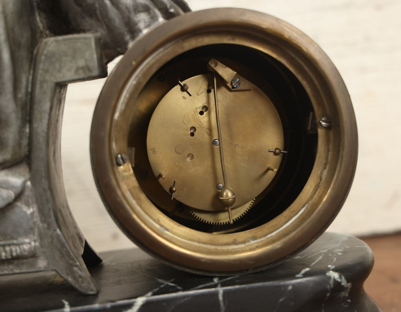 Lot 003 - Antique Figural Mantle Clock With Statue Of Gerardus Mercator, 16th Century Flemish Cartographer, Clock Untested, Faux Marble Wood Base