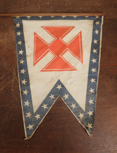 Lot 008 - Antique Circa 1876 U.S. Bicentennial Civil War Veteran Union Army, XIX Corps, 1st Division Parade Flag On Pole, Red Iron Cross Insignia, 40" Pole