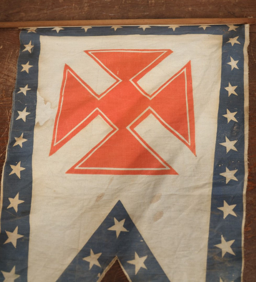 Lot 008 - Antique Circa 1876 U.S. Bicentennial Civil War Veteran Union Army, XIX Corps, 1st Division Parade Flag On Pole, Red Iron Cross Insignia, 40" Pole