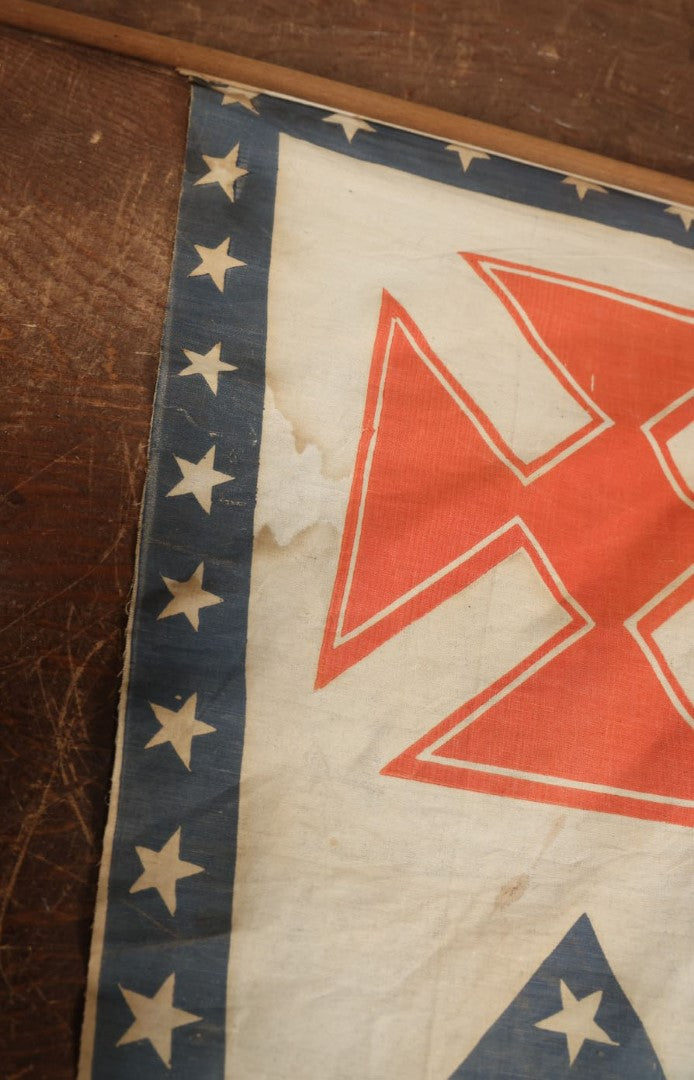 Lot 008 - Antique Circa 1876 U.S. Bicentennial Civil War Veteran Union Army, XIX Corps, 1st Division Parade Flag On Pole, Red Iron Cross Insignia, 40" Pole