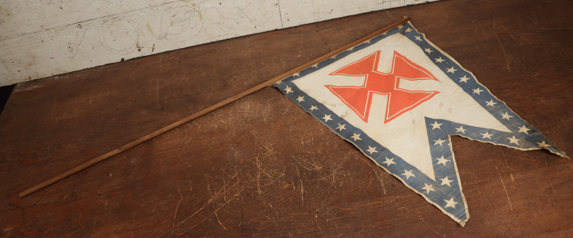 Lot 008 - Antique Circa 1876 U.S. Bicentennial Civil War Veteran Union Army, XIX Corps, 1st Division Parade Flag On Pole, Red Iron Cross Insignia, 40" Pole