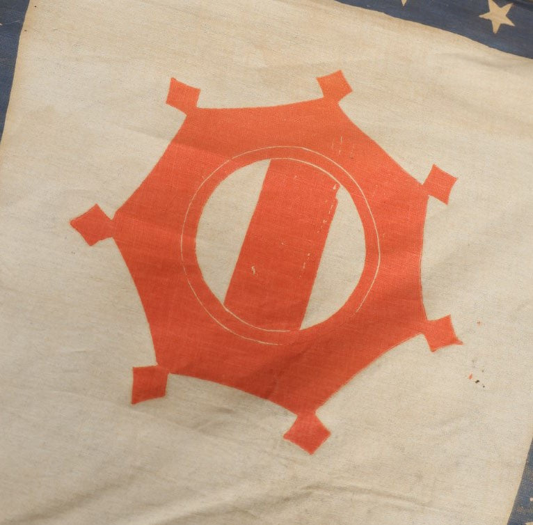 Lot 010 - Antique Circa 1876 U.S. Bicentennial Civil War Veteran Unknown Union Army Corps Parade Flag On Pole, Geometric Insignia, 40" Pole