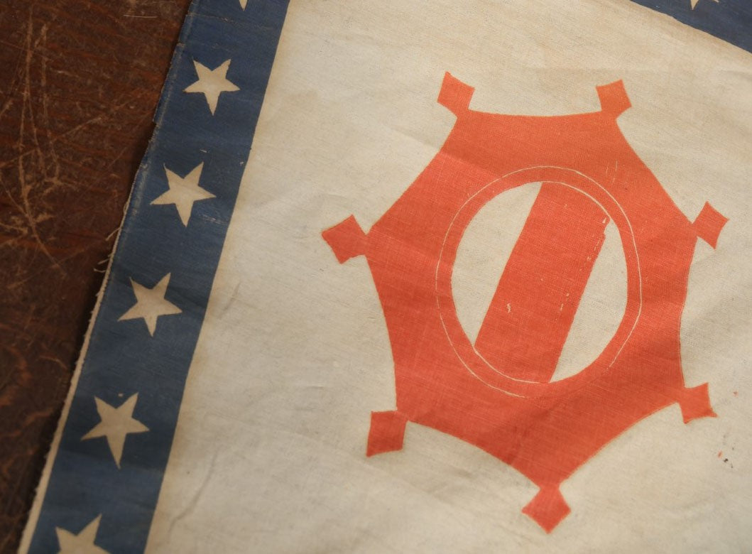 Lot 010 - Antique Circa 1876 U.S. Bicentennial Civil War Veteran Unknown Union Army Corps Parade Flag On Pole, Geometric Insignia, 40" Pole