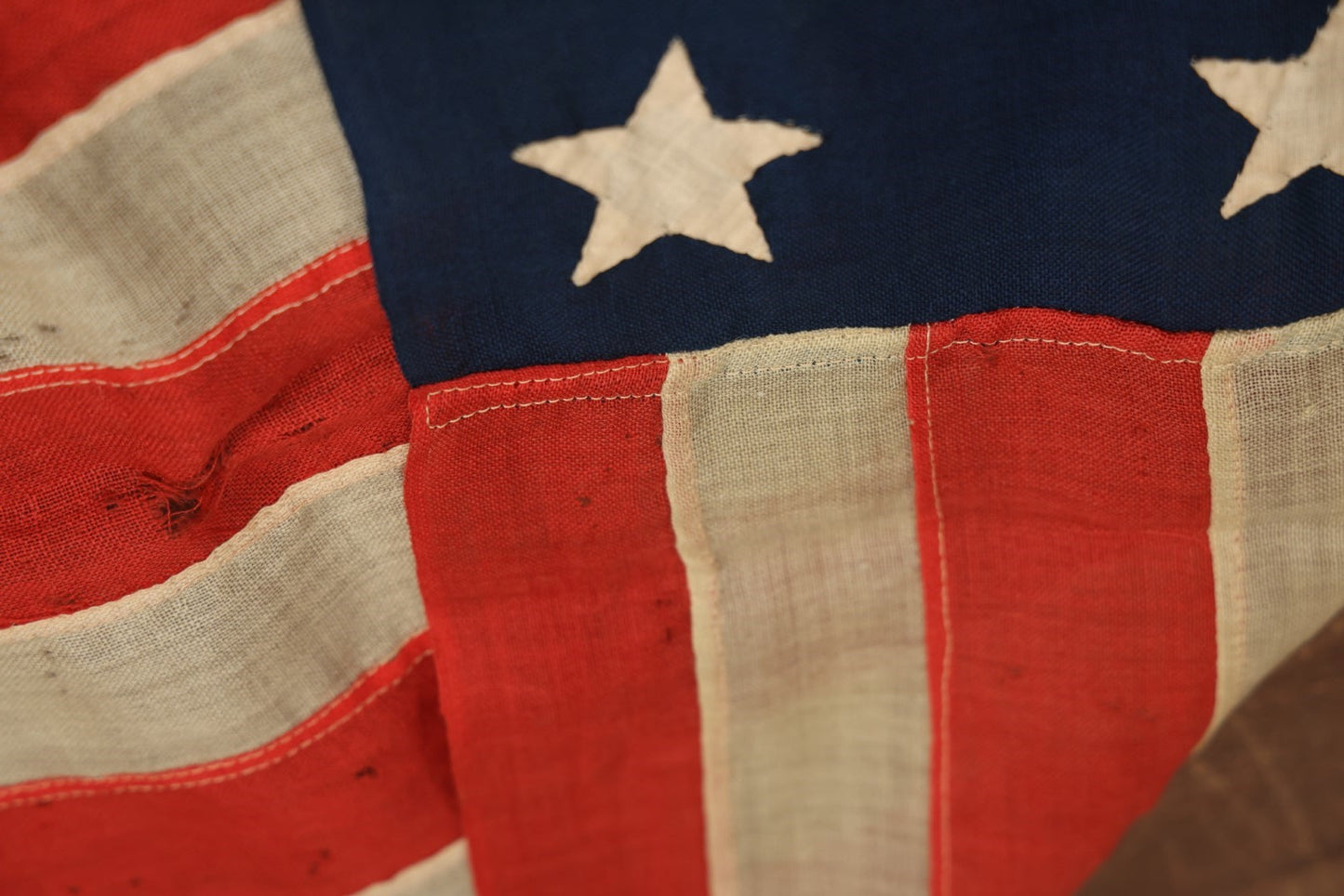 Lot 013 - Antique Hand Sewn United States Thirteen Star Flag, Circa Late 19th Century, Signed G.B. Cook., Note Various Holes And Wear 