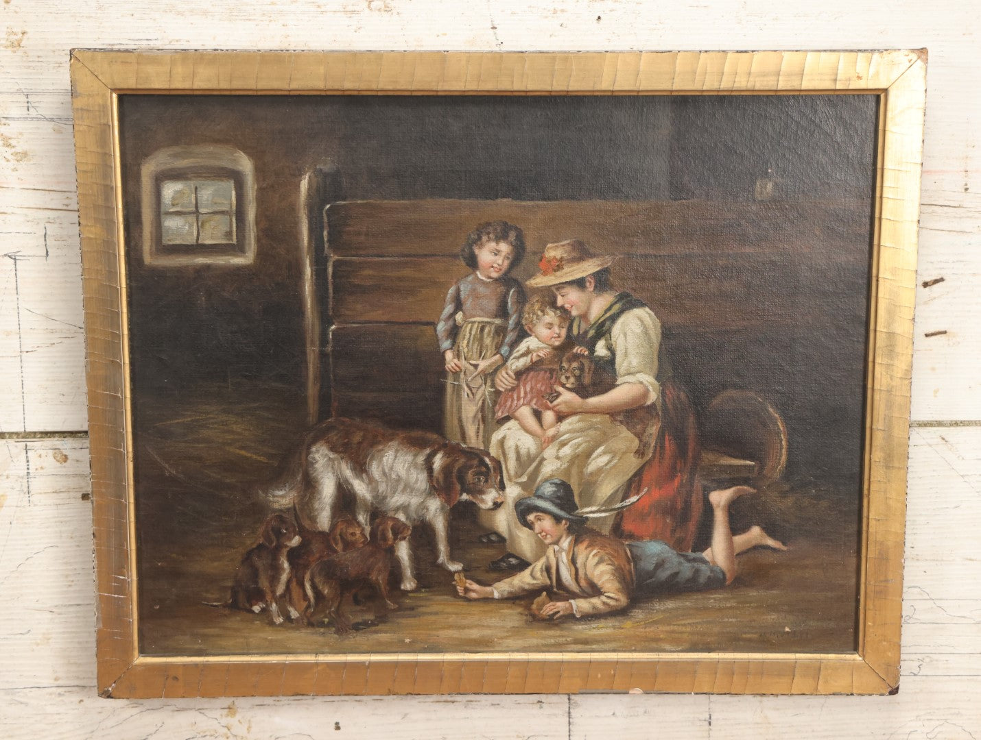 Lot 016 - Antique Late 19th Century Oil On Canvas Painting Of A Family With Their Dog And Puppies, In Frame, Artist Signed J. Muller, 19-5/8" x 15-5/8"