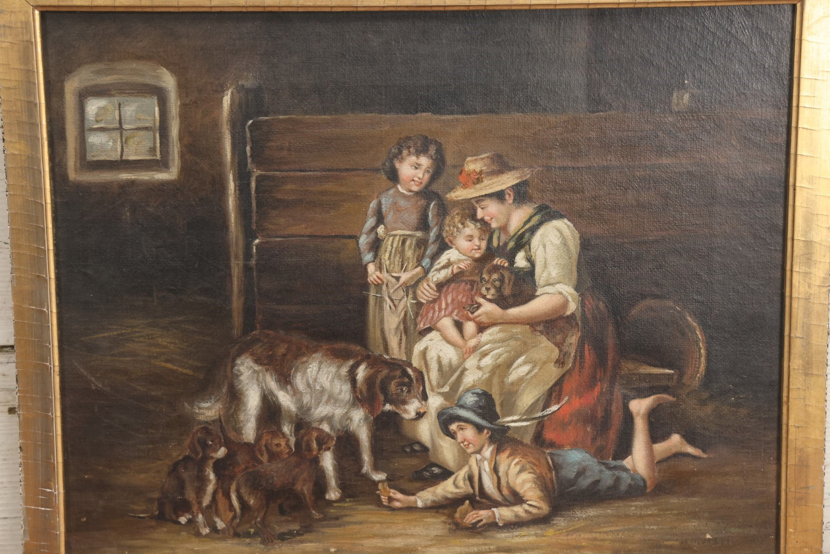 Lot 016 - Antique Late 19th Century Oil On Canvas Painting Of A Family With Their Dog And Puppies, In Frame, Artist Signed J. Muller, 19-5/8" x 15-5/8"