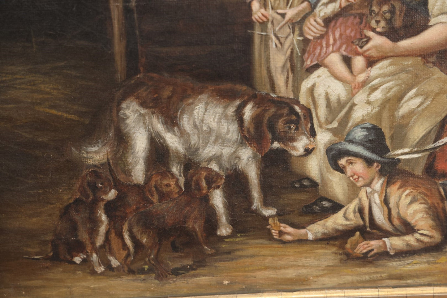 Lot 016 - Antique Late 19th Century Oil On Canvas Painting Of A Family With Their Dog And Puppies, In Frame, Artist Signed J. Muller, 19-5/8" x 15-5/8"