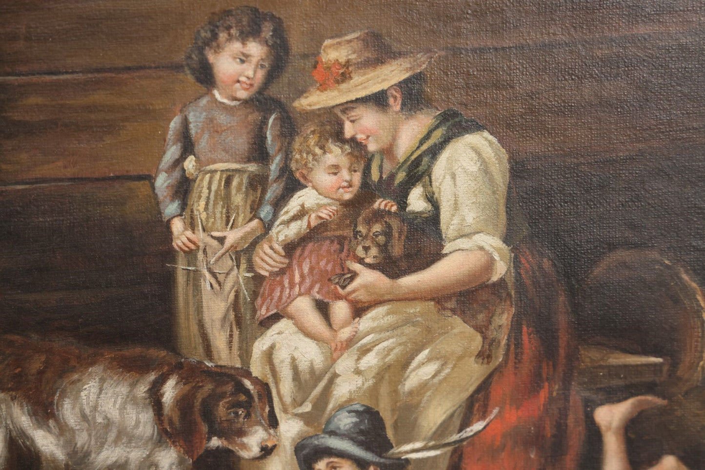 Lot 016 - Antique Late 19th Century Oil On Canvas Painting Of A Family With Their Dog And Puppies, In Frame, Artist Signed J. Muller, 19-5/8" x 15-5/8"