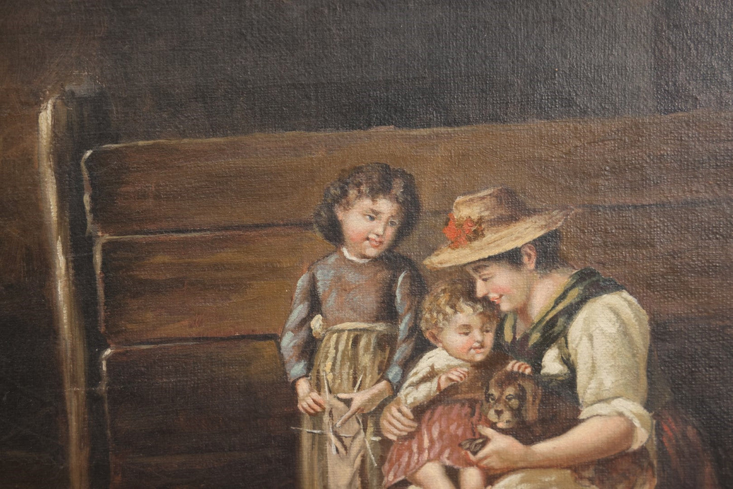 Lot 016 - Antique Late 19th Century Oil On Canvas Painting Of A Family With Their Dog And Puppies, In Frame, Artist Signed J. Muller, 19-5/8" x 15-5/8"