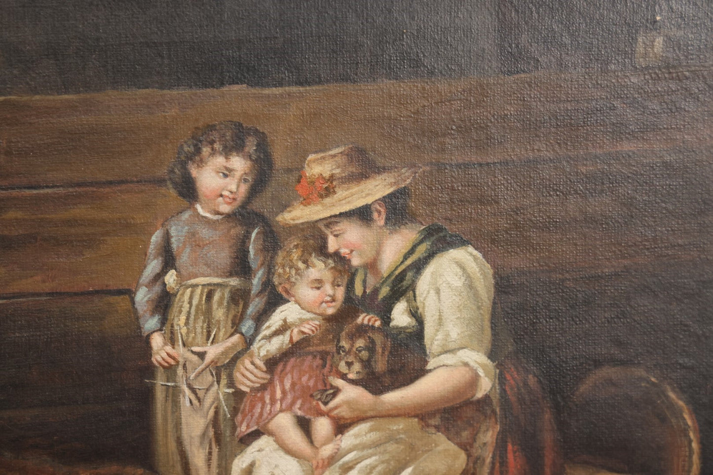 Lot 016 - Antique Late 19th Century Oil On Canvas Painting Of A Family With Their Dog And Puppies, In Frame, Artist Signed J. Muller, 19-5/8" x 15-5/8"