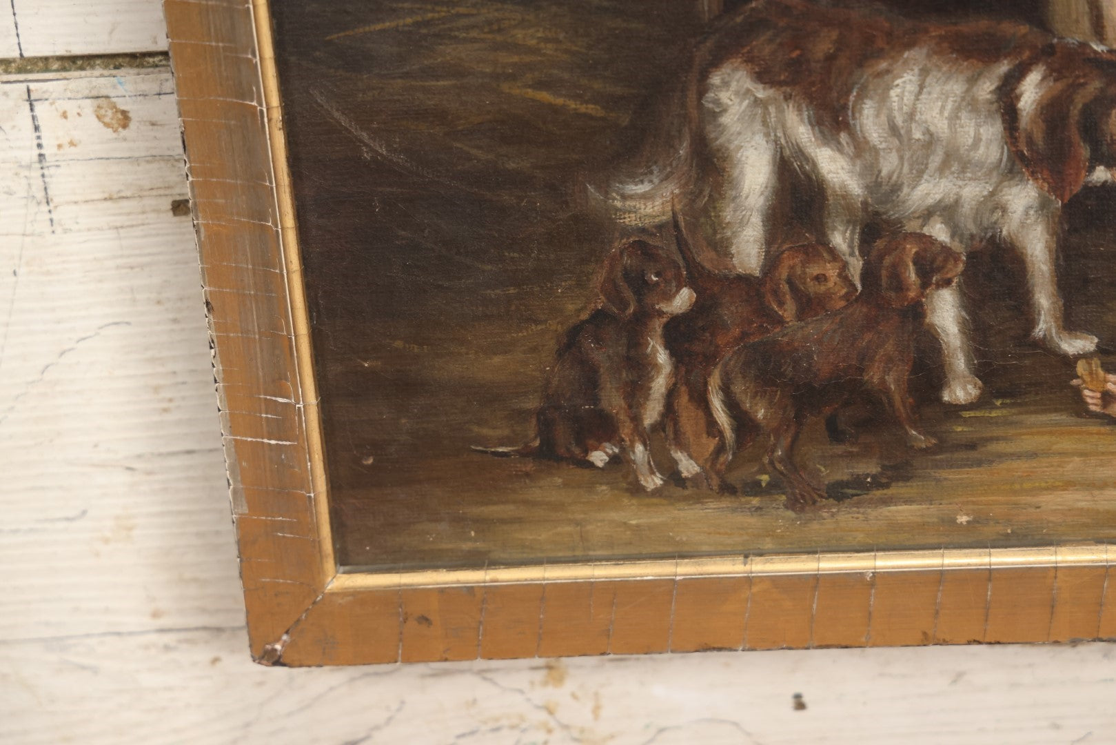 Lot 016 - Antique Late 19th Century Oil On Canvas Painting Of A Family With Their Dog And Puppies, In Frame, Artist Signed J. Muller, 19-5/8" x 15-5/8"