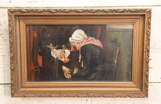 Lot 017 - Antique Late 19th Century Oil On Canvas Painting After Harry Roseland's "Tender Memories" In Frame, Artist Signed M.J. Schantz, 20" x 12-7/8"