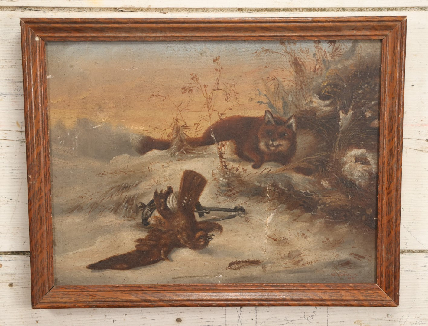 Lot 018 - Antique Late 19th Century Oil On Canvas Painting Of A Fox Hunting A Bird Stuck In A Game Trap, In Frame, Artist Signed And Dated W. Johnson 1891, 17-1/2" x 13-1/2"