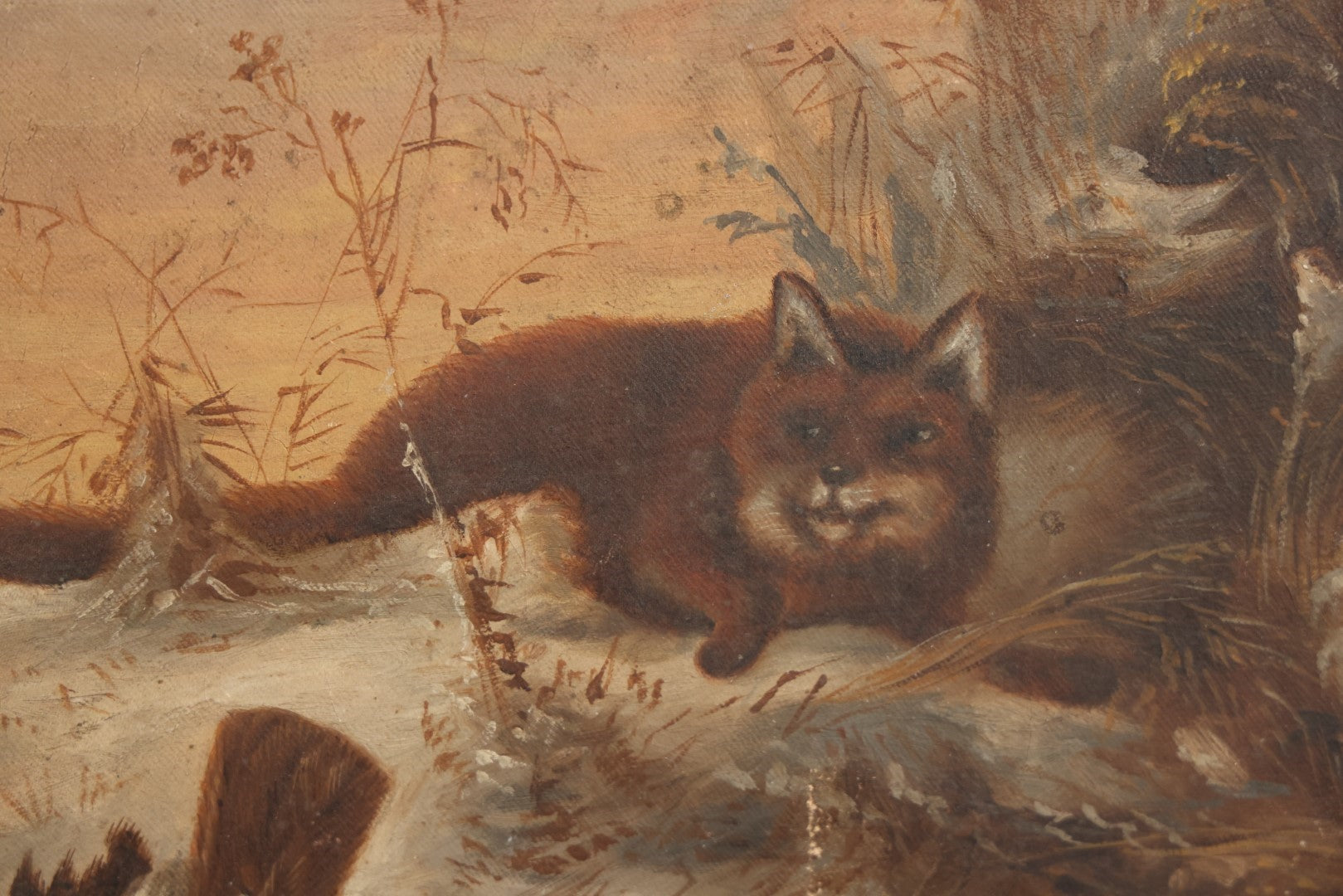 Lot 018 - Antique Late 19th Century Oil On Canvas Painting Of A Fox Hunting A Bird Stuck In A Game Trap, In Frame, Artist Signed And Dated W. Johnson 1891, 17-1/2" x 13-1/2"