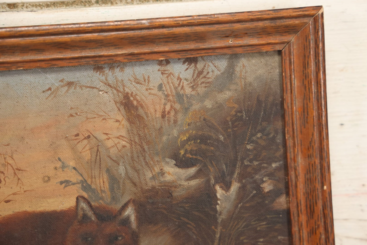 Lot 018 - Antique Late 19th Century Oil On Canvas Painting Of A Fox Hunting A Bird Stuck In A Game Trap, In Frame, Artist Signed And Dated W. Johnson 1891, 17-1/2" x 13-1/2"