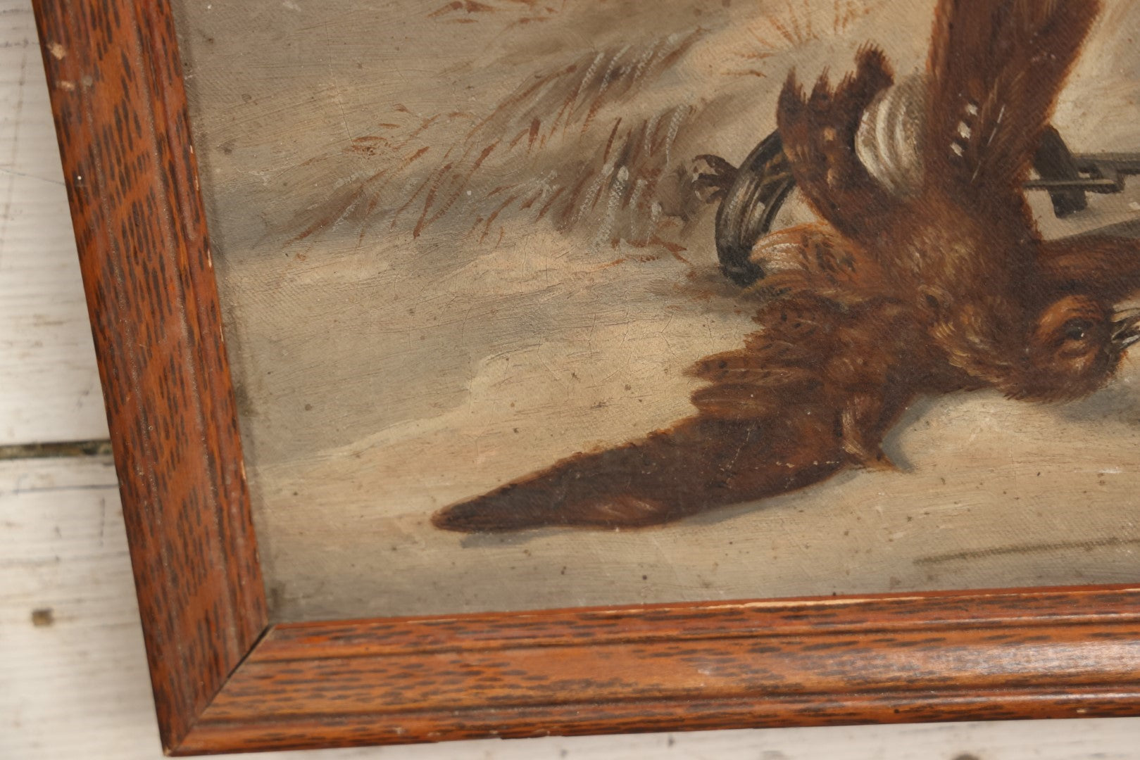 Lot 018 - Antique Late 19th Century Oil On Canvas Painting Of A Fox Hunting A Bird Stuck In A Game Trap, In Frame, Artist Signed And Dated W. Johnson 1891, 17-1/2" x 13-1/2"