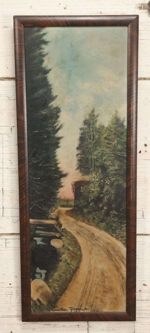 Lot 020 - Antique Painting On Thick Board Of A Country Dirt Road, Stream, And Landscape, Dated 1924, Artist Signed Evaleen Ferguson, In Frame 8-3/4" x 22-3/8"