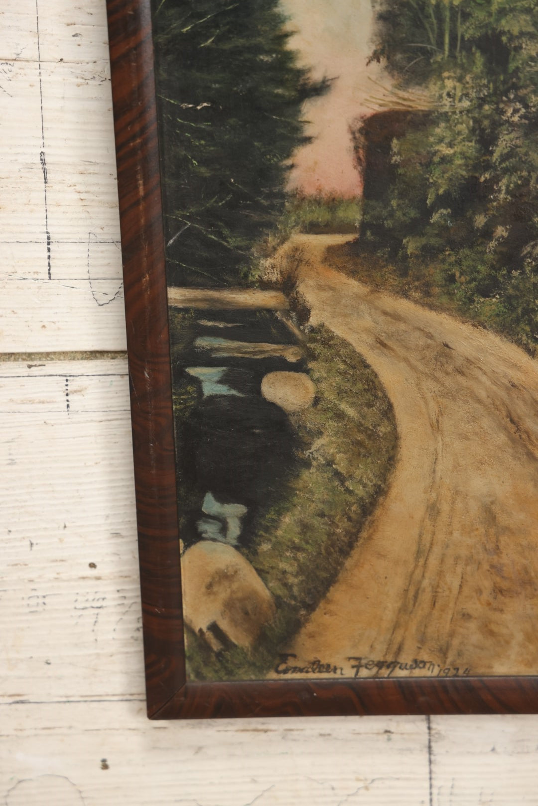 Lot 020 - Antique Painting On Thick Board Of A Country Dirt Road, Stream, And Landscape, Dated 1924, Artist Signed Evaleen Ferguson, In Frame 8-3/4" x 22-3/8"