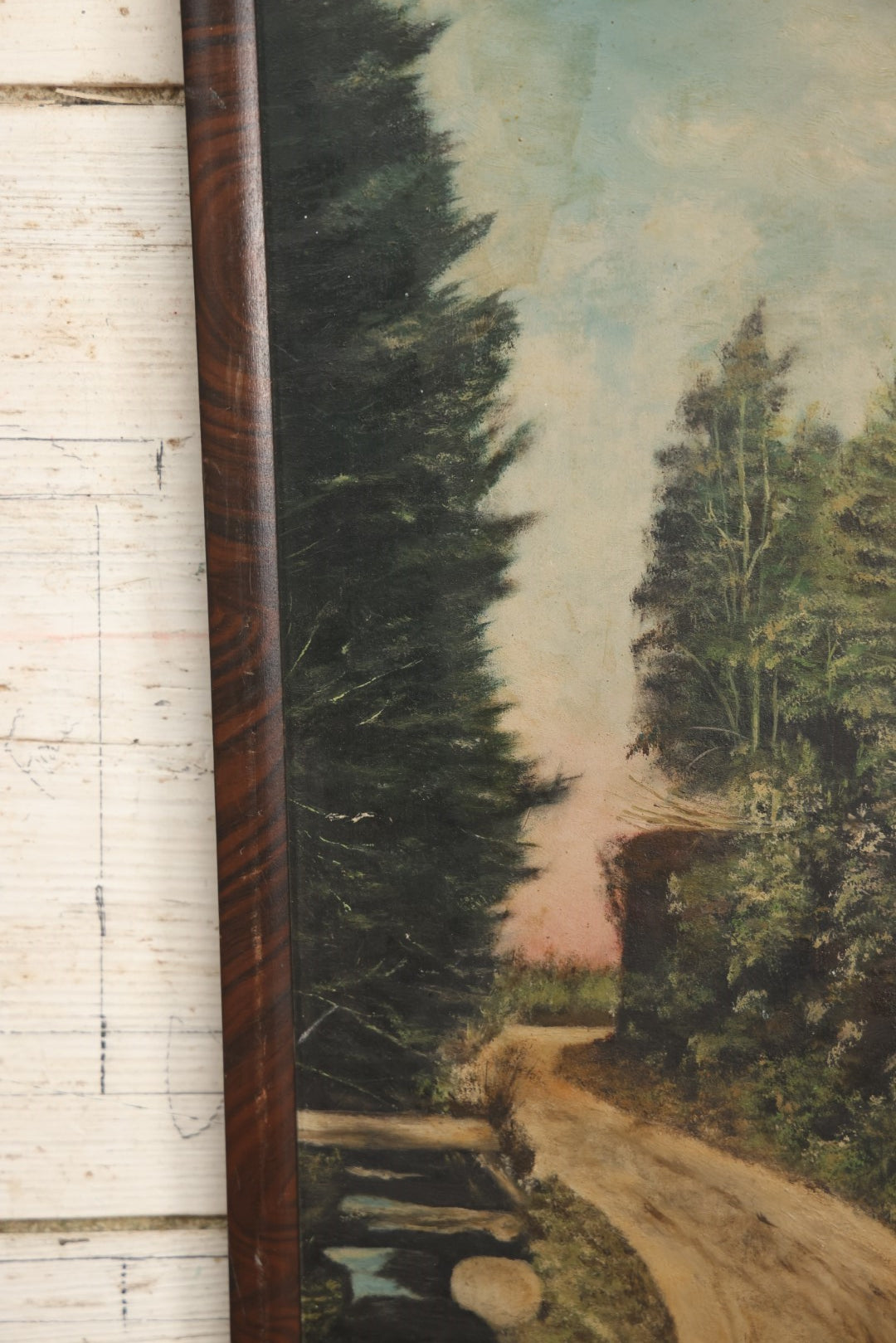 Lot 020 - Antique Painting On Thick Board Of A Country Dirt Road, Stream, And Landscape, Dated 1924, Artist Signed Evaleen Ferguson, In Frame 8-3/4" x 22-3/8"