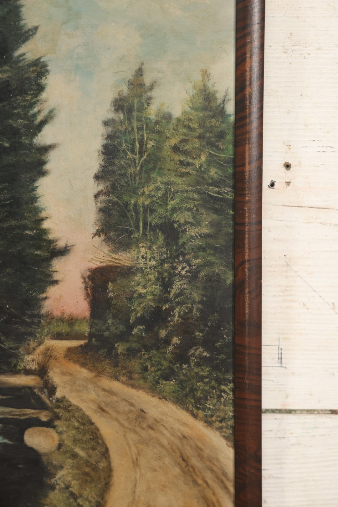 Lot 020 - Antique Painting On Thick Board Of A Country Dirt Road, Stream, And Landscape, Dated 1924, Artist Signed Evaleen Ferguson, In Frame 8-3/4" x 22-3/8"