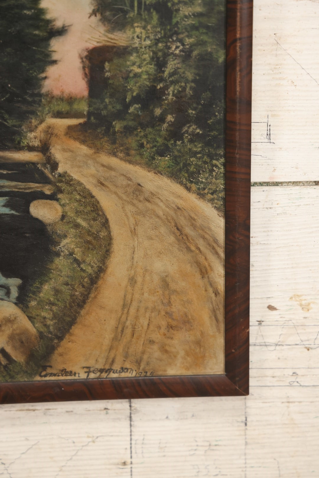 Lot 020 - Antique Painting On Thick Board Of A Country Dirt Road, Stream, And Landscape, Dated 1924, Artist Signed Evaleen Ferguson, In Frame 8-3/4" x 22-3/8"