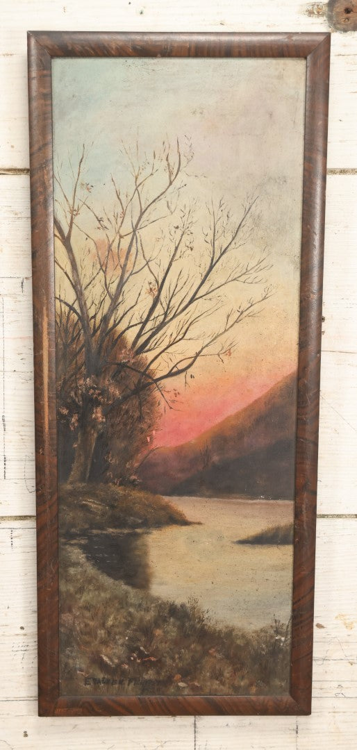 Lot 021 - Antique Painting On Thick Board Of A Fall Landscape, Sunset, River, Dated 1924, Artist Signed Evaleen Ferguson, In Frame 9-3/8" x 22-5/8"