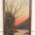 Lot 021 - Antique Painting On Thick Board Of A Fall Landscape, Sunset, River, Dated 1924, Artist Signed Evaleen Ferguson, In Frame 9-3/8" x 22-5/8"