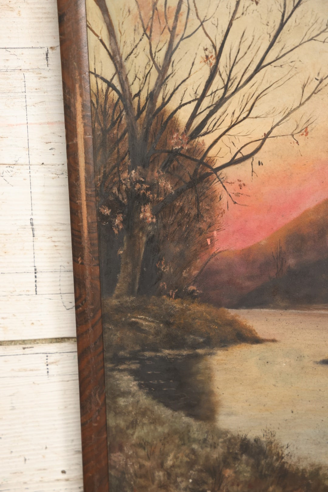 Lot 021 - Antique Painting On Thick Board Of A Fall Landscape, Sunset, River, Dated 1924, Artist Signed Evaleen Ferguson, In Frame 9-3/8" x 22-5/8"