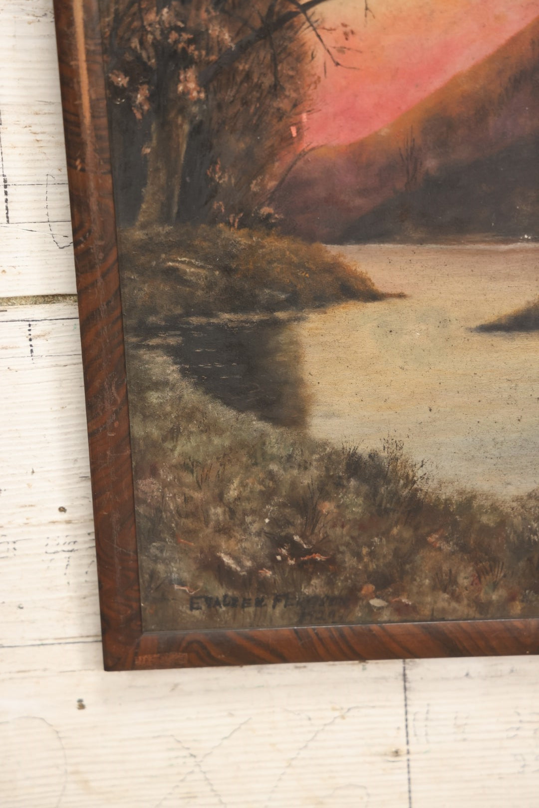 Lot 021 - Antique Painting On Thick Board Of A Fall Landscape, Sunset, River, Dated 1924, Artist Signed Evaleen Ferguson, In Frame 9-3/8" x 22-5/8"