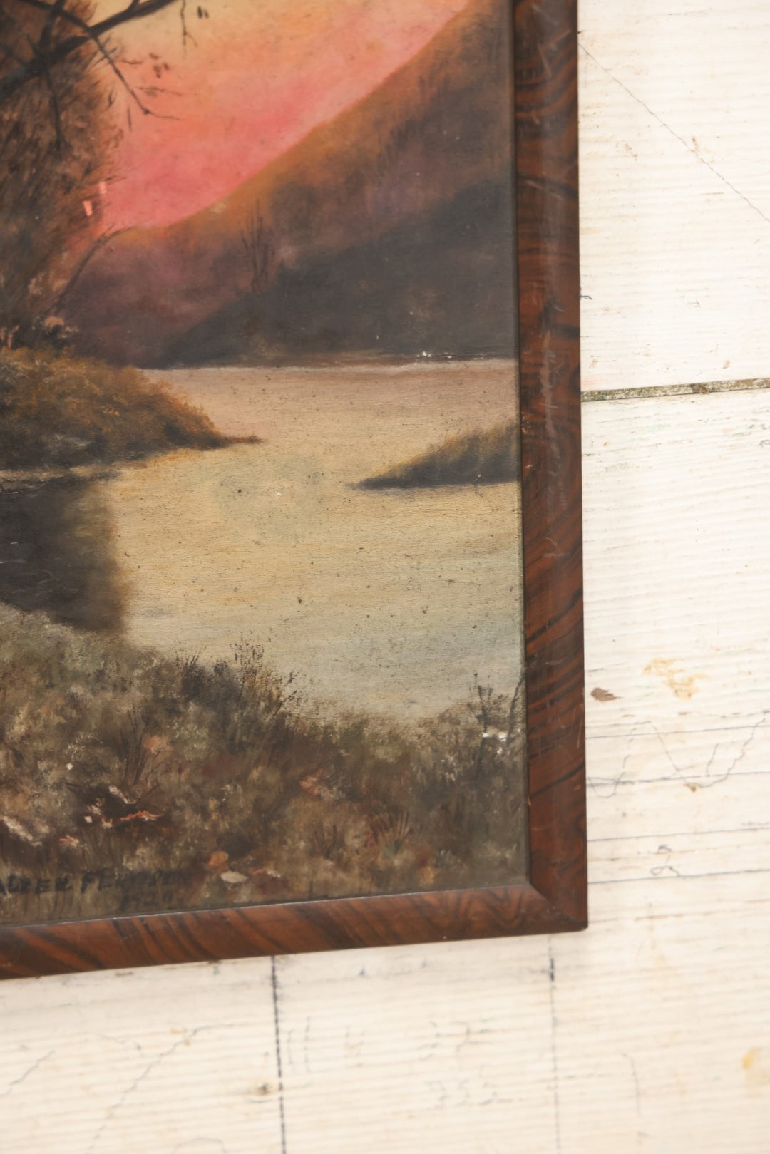 Lot 021 - Antique Painting On Thick Board Of A Fall Landscape, Sunset, River, Dated 1924, Artist Signed Evaleen Ferguson, In Frame 9-3/8" x 22-5/8"