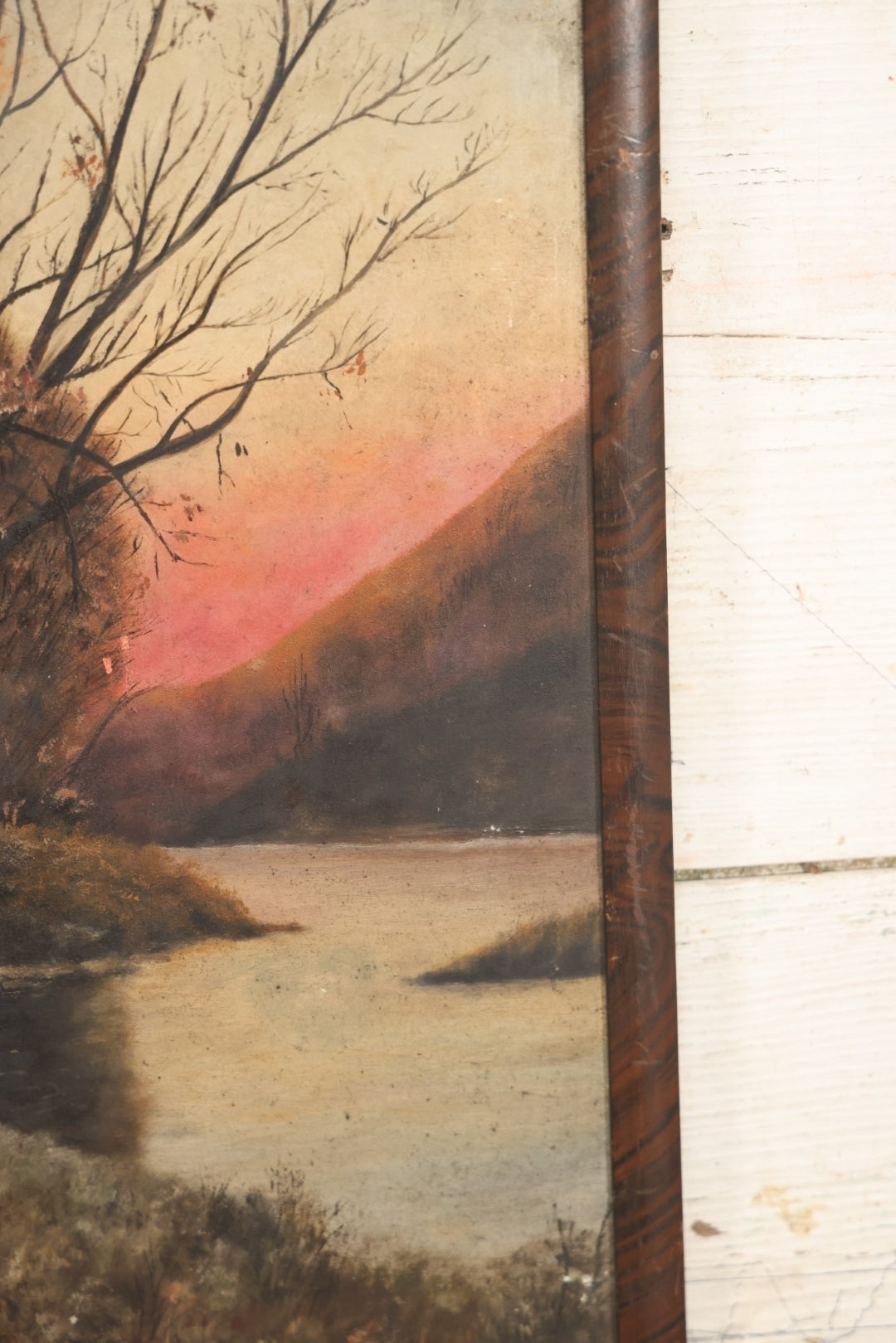 Lot 021 - Antique Painting On Thick Board Of A Fall Landscape, Sunset, River, Dated 1924, Artist Signed Evaleen Ferguson, In Frame 9-3/8" x 22-5/8"