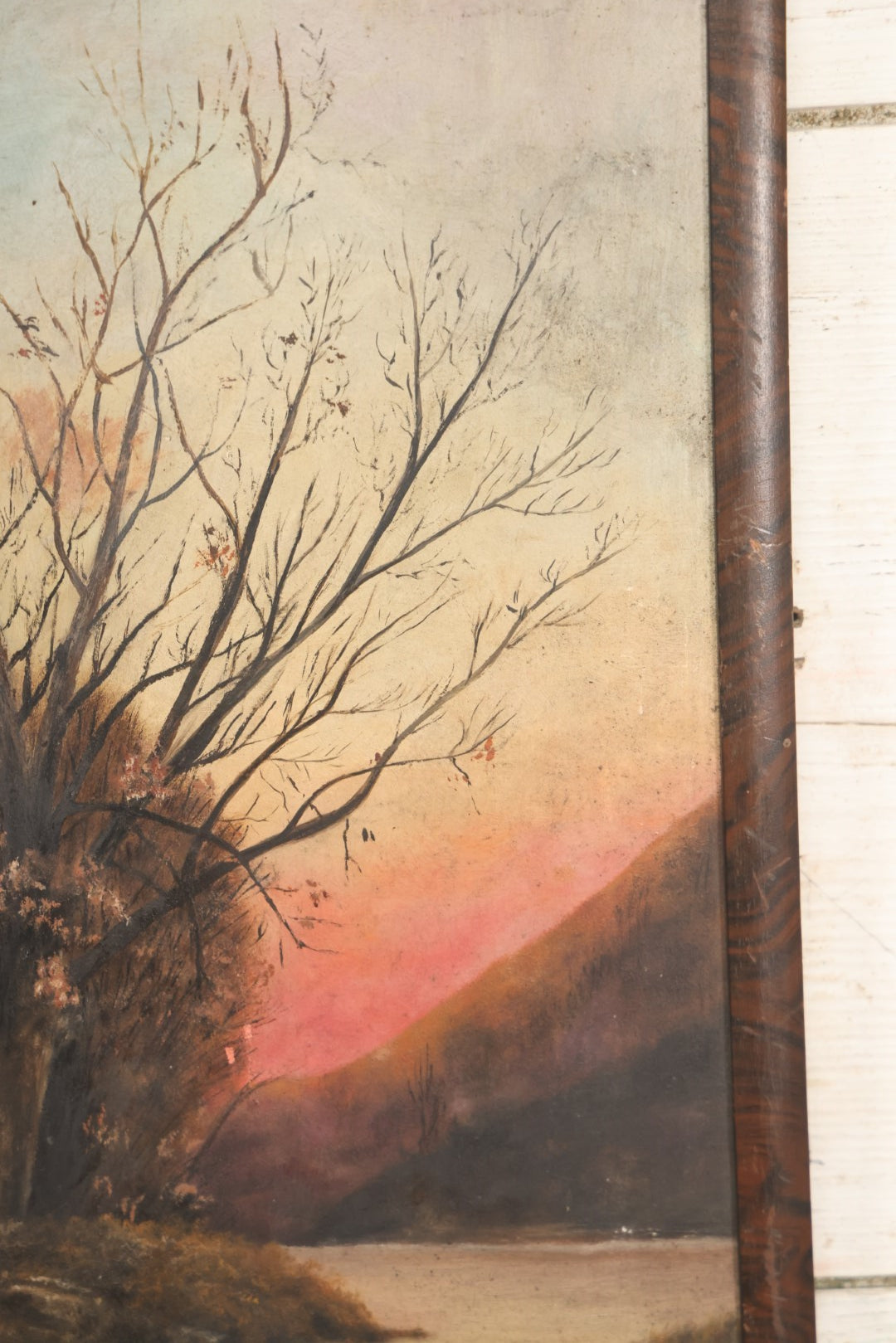 Lot 021 - Antique Painting On Thick Board Of A Fall Landscape, Sunset, River, Dated 1924, Artist Signed Evaleen Ferguson, In Frame 9-3/8" x 22-5/8"