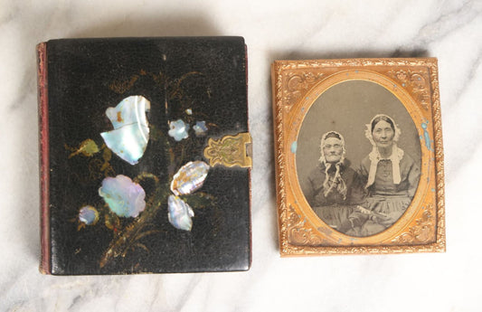 Lot 024 - Antique 1/6th Plate Ambrotype Of Two Elderly Woman In Ornate Mother Of Pearl "Memorial" Case, Red Pillow