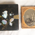 Lot 024 - Antique 1/6th Plate Ambrotype Of Two Elderly Woman In Ornate Mother Of Pearl "Memorial" Case, Red Pillow