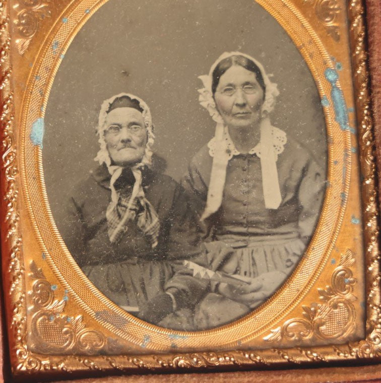 Lot 024 - Antique 1/6th Plate Ambrotype Of Two Elderly Woman In Ornate Mother Of Pearl "Memorial" Case, Red Pillow