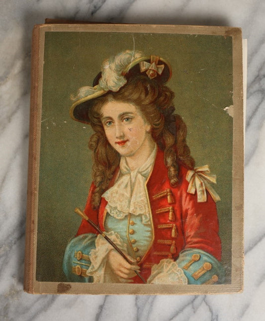 Lot 028 - Antique Victorian Trade Card Scrapbook Album With Woman In Red On Cover, Containing Many Scraps Including Rat Poison, Calling Card, Frogs, And More.