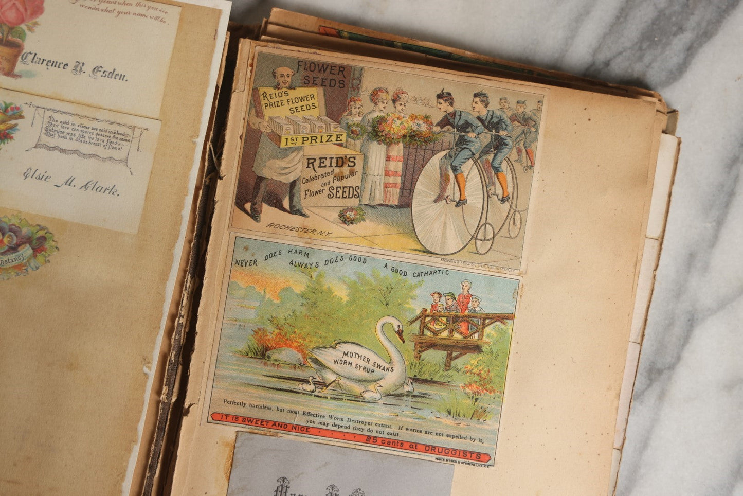 Lot 028 - Antique Victorian Trade Card Scrapbook Album With Woman In Red On Cover, Containing Many Scraps Including Rat Poison, Calling Card, Frogs, And More.